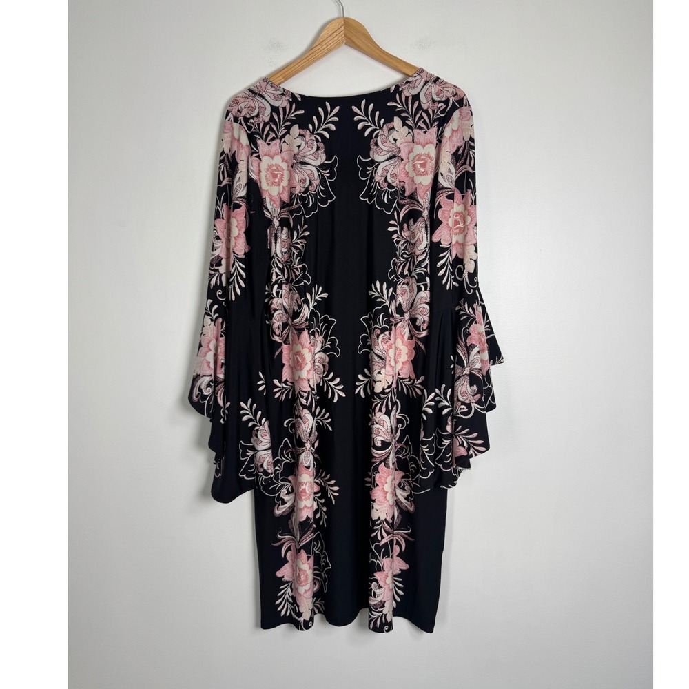 Boho MSK Women 2X Shift Dress Black Pink Floral Tiered Bell Sleeve Embroidered - Picture 2 of 9